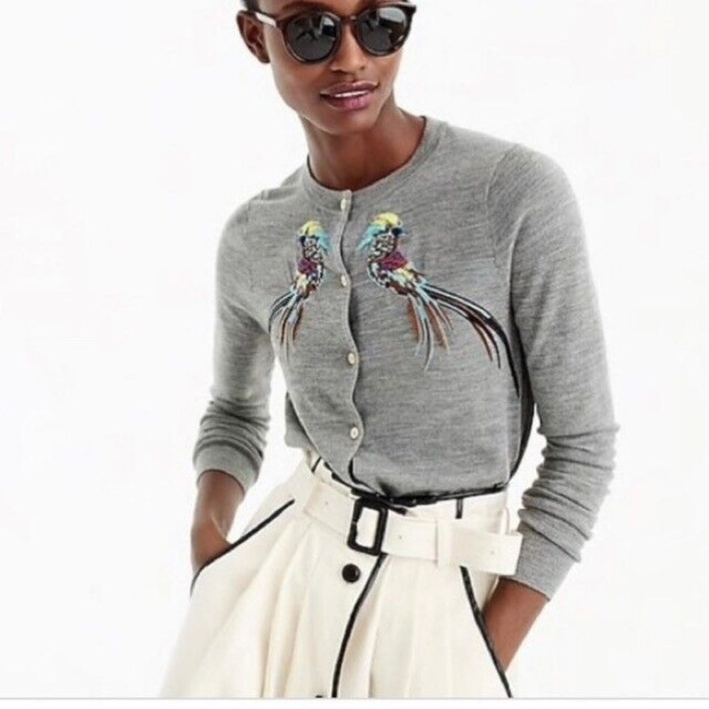 J Crew Cardigan Womens Medium Merino Wool Jackie Sweater Birds Embroidery